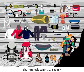 hiking flat vector.vector overhead view of hiking for a backpacking trip on a rustic wood floor.