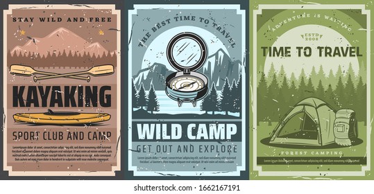 Hiking, forest camping and kayaking outdoor adventure, sport tourism and trekking travel vintage retro posters. Vector mountaineering camper tent, tourist wanderlust compass and backpack,