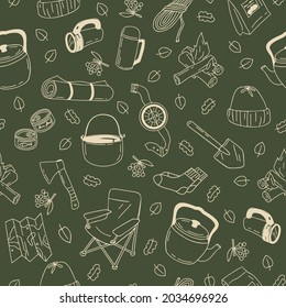Hiking in the forest and mountains. Vector on an isolated background. Seamless pattern with Tourism items. Doodle drawings for packaging, paper, fabric and background.