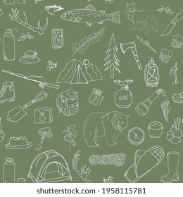 Hiking In The Forest, Tourism Seamless Pattern. Summer Camping, Fishing. Hand Drawing Outline.