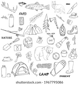 hiking in the forest, tourism seamless pattern. Summer camping, fishing. Hand drawing outline.