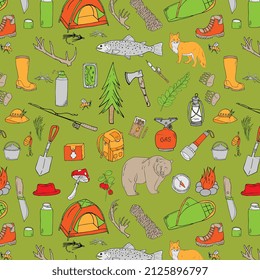 hiking in the forest, tourism seamless pattern. Summer camping, fishing. Hand drawing 