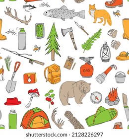 hiking in the forest, tourism seamless pattern. Summer camping, fishing. Hand drawing 