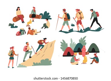 Wanderfreunde backpacken und zelten Berge und Wälder isolierte Charaktere Vektorillustration Lagerfeuer und Zelte Rucksacksacksacken und Felswandersport und aktive Erholung Sommersportarten Outdoor Aktivität