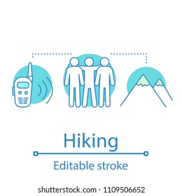 Hiking with friends concept icon. Outdoor recreation idea thin line illustration. Vector isolated outline drawing. Editable stroke