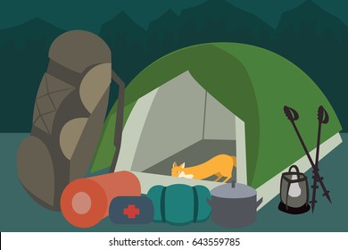 Hiking Gear At Camping Vector Cartoon