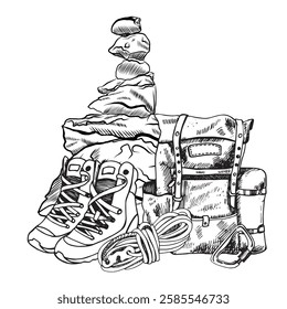 Hiking gear composition with balancing stones. Backpack, rope, boots, steel carabiner. For advertising tours, tools. web, flyers, packaging, cards.