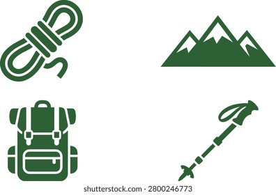 Hiking Gear Essentials Rope, Backpack, Trekking Pole, and Mountain Landscape Illustration