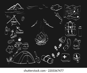 Hiking Gear  Set Vector Hand Drawn Doodles Illustration, Travel Accessories And Equipment