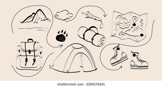 Hiking Gear  Set Vector Hand Drawn Doodles Illustration, Travel Accessories And Equipment