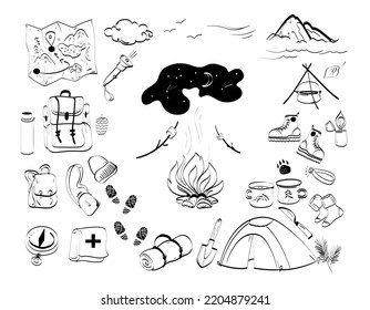 Hiking Gear  Set Vector Hand Drawn Doodles Illustration, Travel Accessories And Equipment