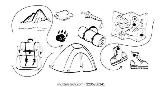 Hiking Gear  Set Vector Hand Drawn Doodles Illustration, Travel Accessories And Equipment