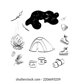 Hiking Gear  Set Vector Hand Drawn Doodles Illustration, Travel Accessories And Equipment