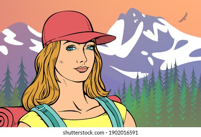 Hiking girl with a backpack on the background of mountains and coniferous forest. The beauty of the wild. Vector colorful pop art illustration.