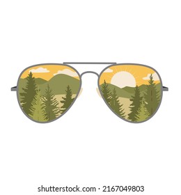 Hiking glasses with a reflection of the forest and mountains. Vector clipart.