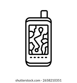 Icono de línea negra del dispositivo GPS de senderismo para proyectos digitales e impresos.  Iconos limpios mínimos para App y Sitios web. Iconos modernos y sencillos para UI UX y branding