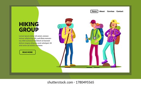 Hiking Group Tourists With Sport Equipment Vector. Hiking Group Boy And Girl With Touristic Sportive Accessories. Characters Mountain Adventure Active Vacation Web Flat Cartoon Illustration