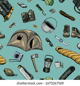 Hiking hand drawn vector seamless pattern. Backpacking and tourism accessories. Necessary things for the hike. Colored cartoon background in sketch style. For wallpaper, textile, fabric, prints, wrap.