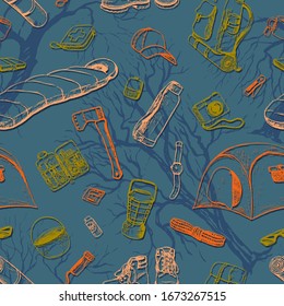 Hiking hand drawn vector seamless pattern. Backpacking and tourism accessories. Necessary things for the hike. Bright contour background in sketch style. For wallpaper, textile, fabric, prints, wrap.