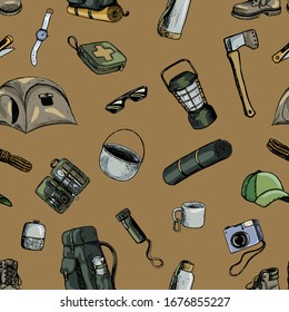 Hiking hand drawn vector seamless pattern. Backpacking and tourism accessories. Necessary things for the hike. Colored cartoon background in sketch style. For wallpaper, textile, fabric, prints, wrap.
