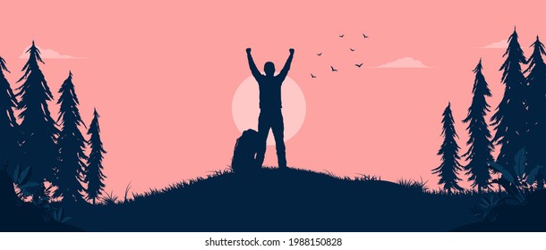 Hiking happiness panorama illustration - Care free person standing with arms raised in front of sun, feeling free and cheerful. Vector.