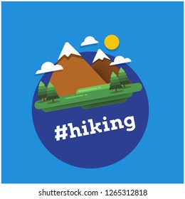 Hiking Hashtag with Mountains With Trees Clouds and Sun Vector Flat Illustration