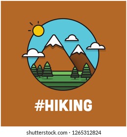 Hiking Hashtag with Mountains With Trees Clouds and Sun Vector Flat Illustration