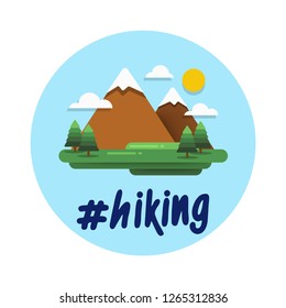 Hiking Hashtag with Mountains With Trees Clouds and Sun Vector Flat Illustration