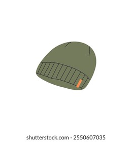 Hiking hat icon. Trekking cap with khaki colour. Male or female knitted headgear, headwear. Warm clothes for head. Winter accessory, garment. Flat isolated vector illustration on white background