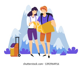 Hiking hikers couple with backpacks and map in mountains traveling and tourism vector. travelers and landscape backpacking or trekking romantic trip adventure man and woman wild nature baggage.