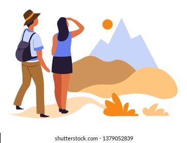 Hiking hikers couple and sunrise in mountains traveling and tourism vector travelers and landscape backpacking or trekking romantic walking trip adventure view man and woman wild nature rocks