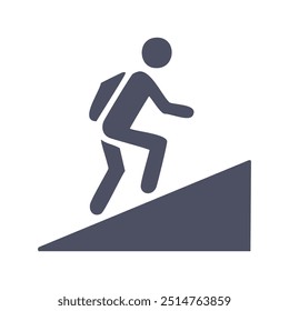 Hiking up hill. Silhouette of person ascending uphill, representing progress, achievement, and success.