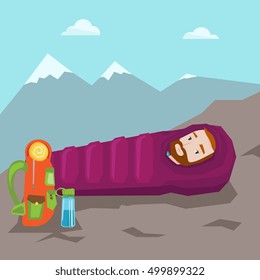 Hombres hipster con barba durmiendo en un saco de dormir acampando en las montañas. Joven caucásico envuelto en un saco de dormir de momia. Ilustración de diseño plana vectorial. Diseño cuadrado.