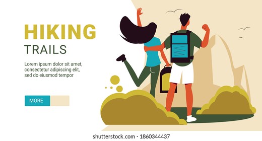 Hiking horizontal banner with embracing travelers couple outdoor landscape and editable text with slider more button vector illustration