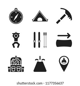 hiking icon. 9 hiking vector icons set. panorama with right arrow, ski sticks and woods marker icons for web and design about hiking theme