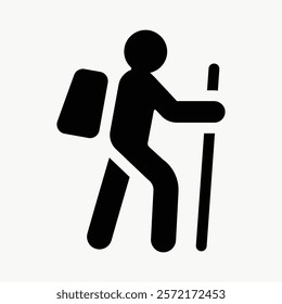 Hiking icon with backpack and stick. Simple hiking symbol. Black silhouette of hiker. Perfect for hiking apps, hiking guides, and outdoor designs. Simple icon vector element.