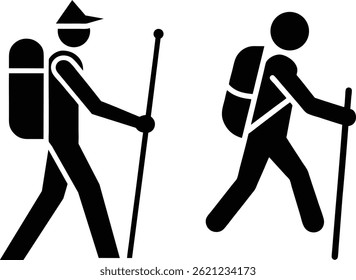 Hiking Icon – Backpacker Silhouette with Walking Stick. EPS-10.