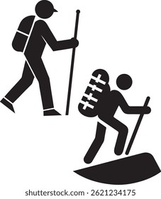 Hiking Icon – Backpacker Silhouette with Walking Stick. EPS-10.