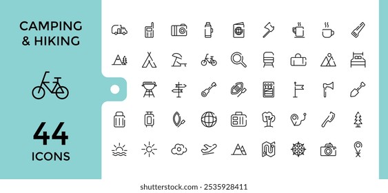 Hiking icon collection. Contains related to outdoors, Camping, adventure, climber, tourism, hiking and more. Outline icons pack. Vector outline icons set.