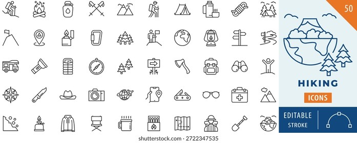 Hiking icon collection set. Editable stroke.
