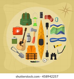 Hiking icon concept. Traveling the forest or mountains icon. Camping equipment vector icons set.