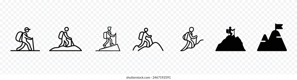 Hiking icon, Hiking icon in line style, adventure icon, Silhouette of a climber. Walking icons, Hiking line icon. Simple outline style. Activity, nature, trekking, walk, adventure concept design