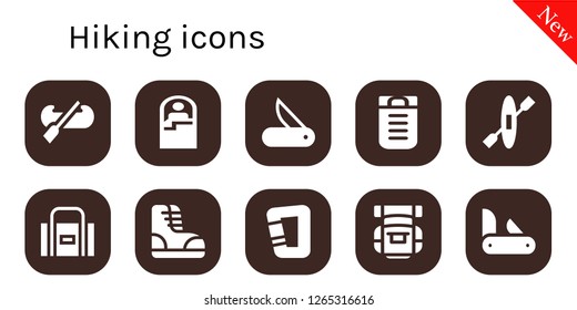  hiking icon set. 10 filled hiking icons. Simple modern icons about  - Kayak, Sleeping bag, Jackknife, Sport bag, Boots, Carabiner, Backpack, Penknife