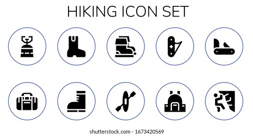 conjunto de iconos de caminatas. 10 íconos llenos de caminatas. Incluye gas de camping, bolsa deportiva, botas, botas, kayak, navaja, mochila, cuchillo, iconos de escalada