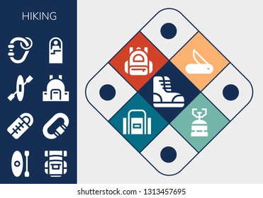 hiking icon set. 13 filled hiking icons.  Simple modern icons about  - Boots, Kayak, Backpack, Sleeping bag, Carabiner, Jackknife, Sport bag, Camping gas