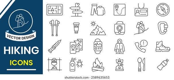 Hiking, icon set. Adventure, Camping, trekking, Outdoor and line icon, vector set. Camp, tent, forest, campfire, hiking icons. Tourism, hiking, bonfire, tent and caravan icon. Vector illustration.