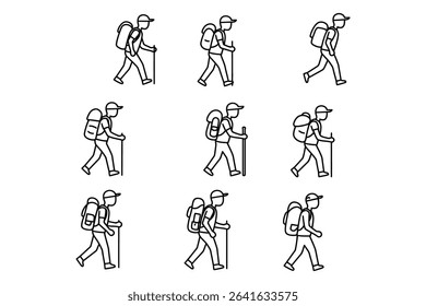 Hiking Icon Set – Backpacker Walking and Trekking Stick Vector Illustrations in Motion

