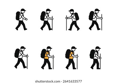 Hiking Icon Set – Backpacker Walking and Trekking Stick Vector Illustrations in Motion

