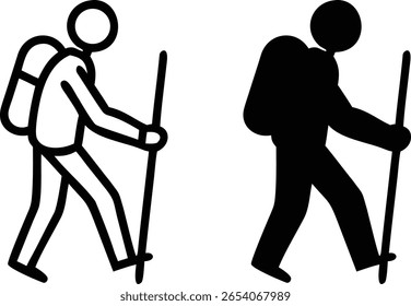 Conjunto de iconos de senderismo Negro Blanco Contorno Silueta Vector Mochila Stick Trekking Aventura al aire libre Ilustración