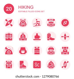 hiking icon set. Collection of 20 filled hiking icons included Kayak, Backpack, Climbing, Adventure, Ride, Boots, Camping, Scout